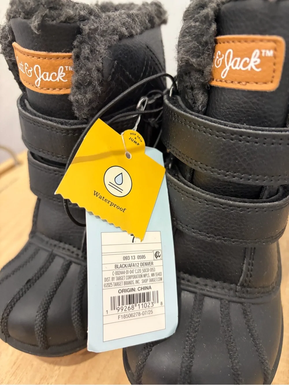 Cat & Jack Black Kids Snow Boots with Brown Logo Patch